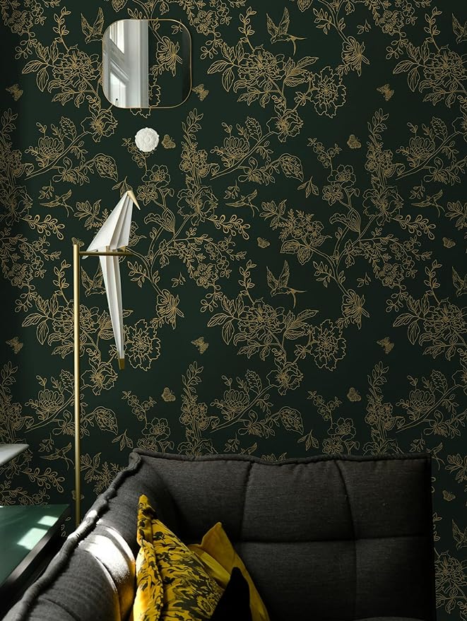Froluya Dark Green and Gold Wallpaper Floral Peel and Stick Wallpaper - Image 2
