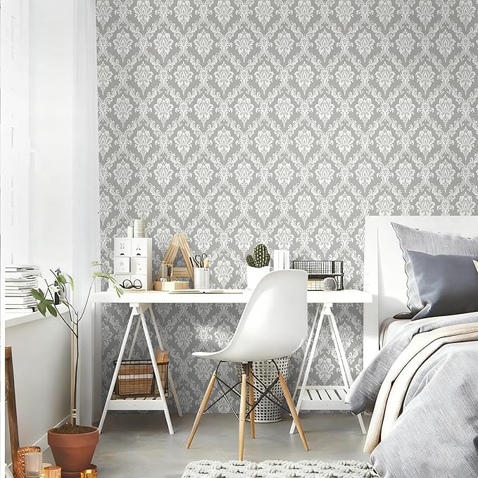 Peel and Stick Wallpaper Grey and White Damask Wallpaper - Image 4
