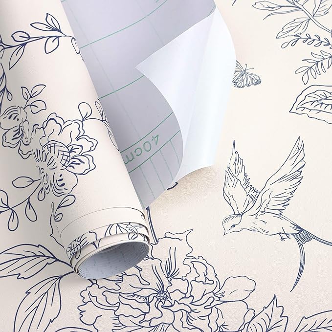 Froluya Cream White and Blue Floral Wallpaper Peel and Stick Wallpaper - Image 7