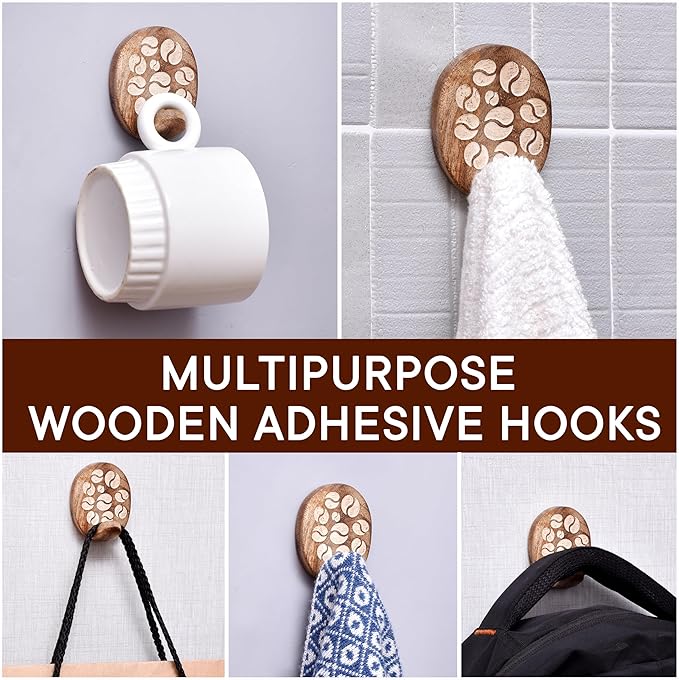 Indian Shelf 6 Lb- 3 Pieces Decorative Wood Adhesive Wall Hooks–Boho Peel and - Image 5