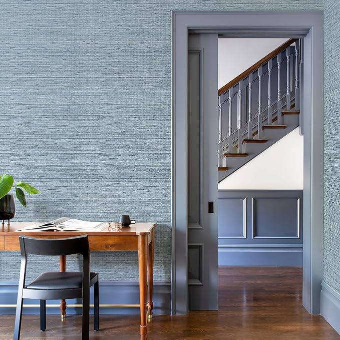 HueBurst Grasscloth Peel and Stick Wallpaper 17.3" x 394" Blue Textured - Image 3