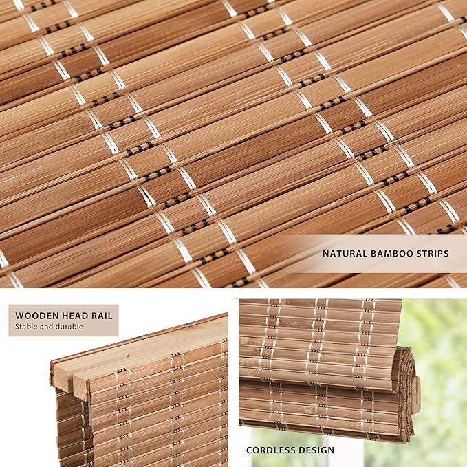 LazBlinds No Tools No Drill Cordless Bamboo Roman Shades, Light Filtering - Image 2
