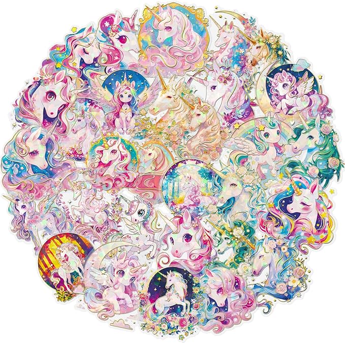 30-Piece Holographic Foil Unicorn Scrapbook Stickers - Transparent Waterproof Fantasy Colorful Unicorn Decals for Journaling, Resin Art Crafts, Gifts