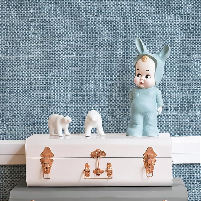 JiffDiff Grasscloth Wallpaper Peel and Stick Blue Grassweave Stick on Wallpaper - Image 2