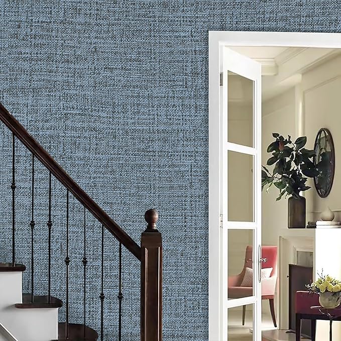 Blue Gray Grasscloth Peel and Stick Wallpaper 17.3"x300" Faux Linen Textured - Image 6
