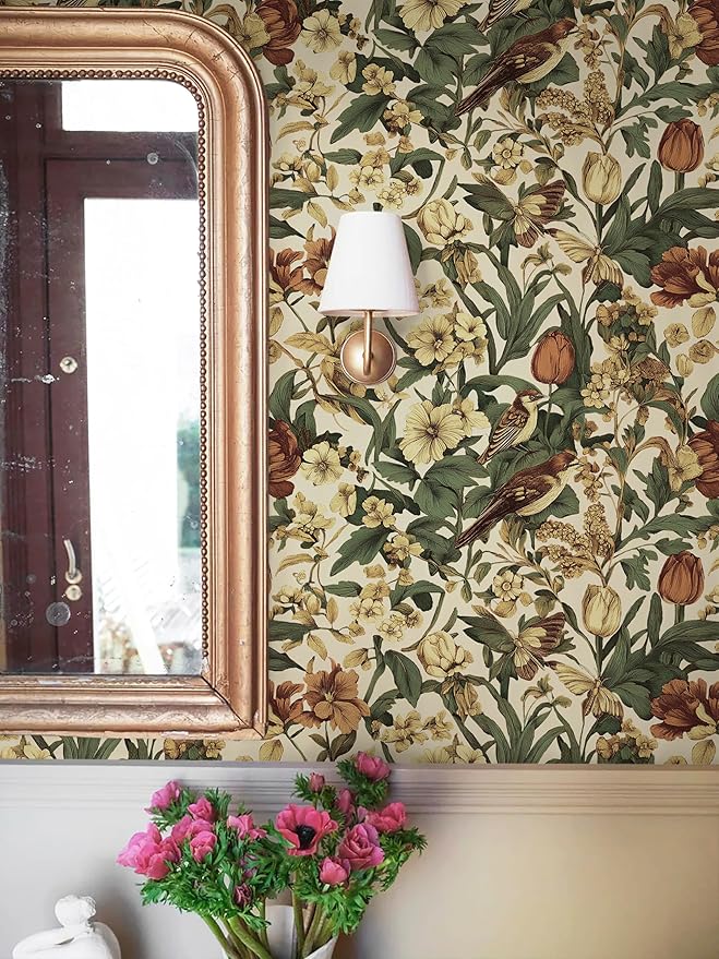 Erfoni 17.3" x197" Beige Retro Floral and Bird Contact Paper Vintage Peel and - Image 3