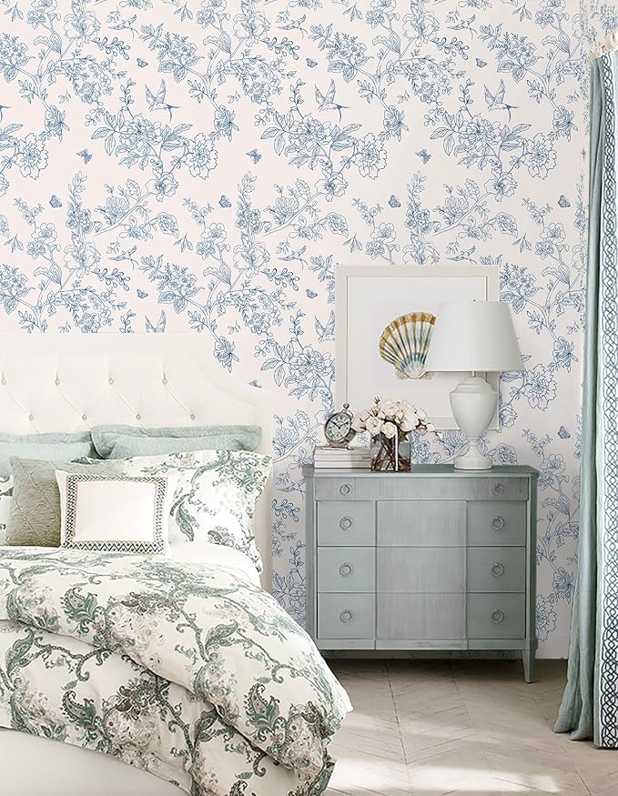 Froluya Cream White and Blue Floral Wallpaper Peel and Stick Wallpaper - Image 9