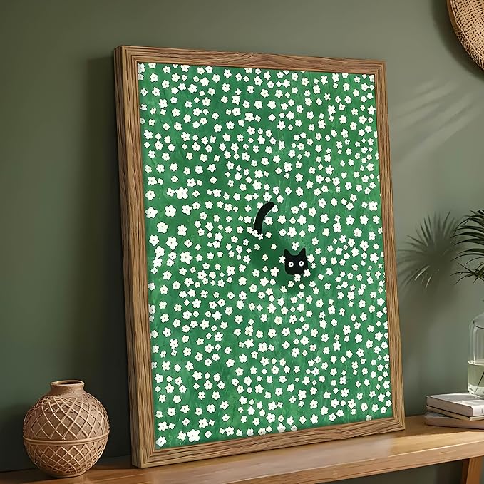 Framed Floral Black Cat Canvas Wall Art, Cute Black Cat in Daisy Field Painting - Image 8