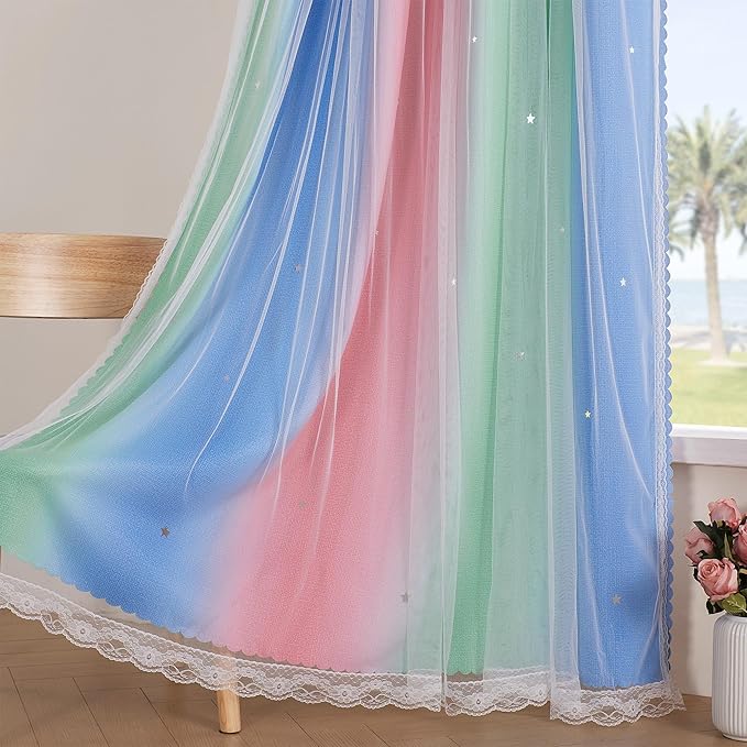 XiDi Curtains for Bedroom Decor, Rainbow Pink GreenBlue34/96/1 - Image 4