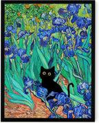 Fantasy Artists Van Gogh Irises Cat Wall Art, Framed Vintage Garden Canvas Wall by Unknown