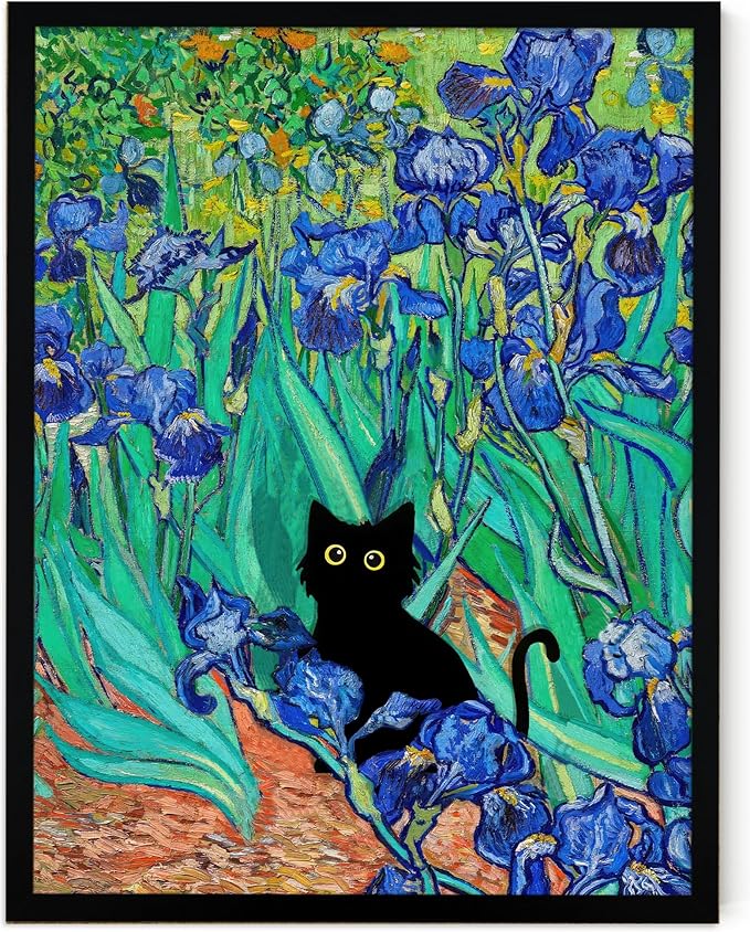Fantasy Artists Van Gogh Irises Cat Wall Art, Framed Vintage Garden Canvas Wall by Unknown