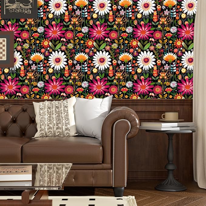 BOKEBEVE Pink Colorful Floral Wallpaper Peel and Stick Vintage Flowers Contact - Image 2