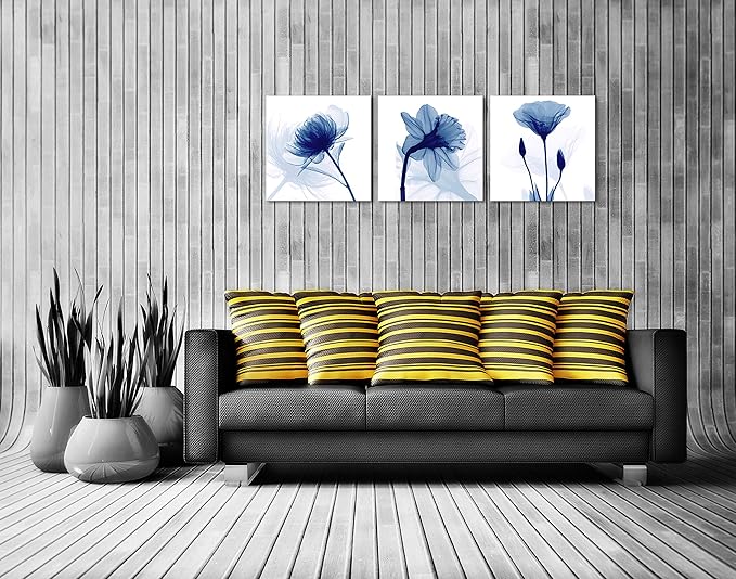 Wieco Art Blue Abstract Flowers 3 Panels Canvas Prints Wall Art Modern Pictures - Image 4