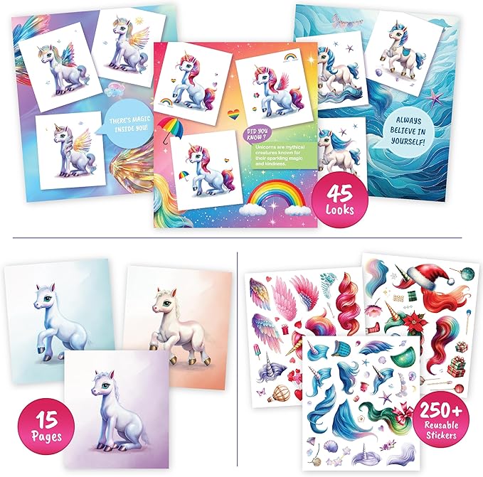 Sticker Dress Up Unicorn - Kids Activity Book Learn Fashion Design for Unicorn with Guides and 250+ Reusable Stickers. Christmas Gift for Girls Ages 5,6,7,8