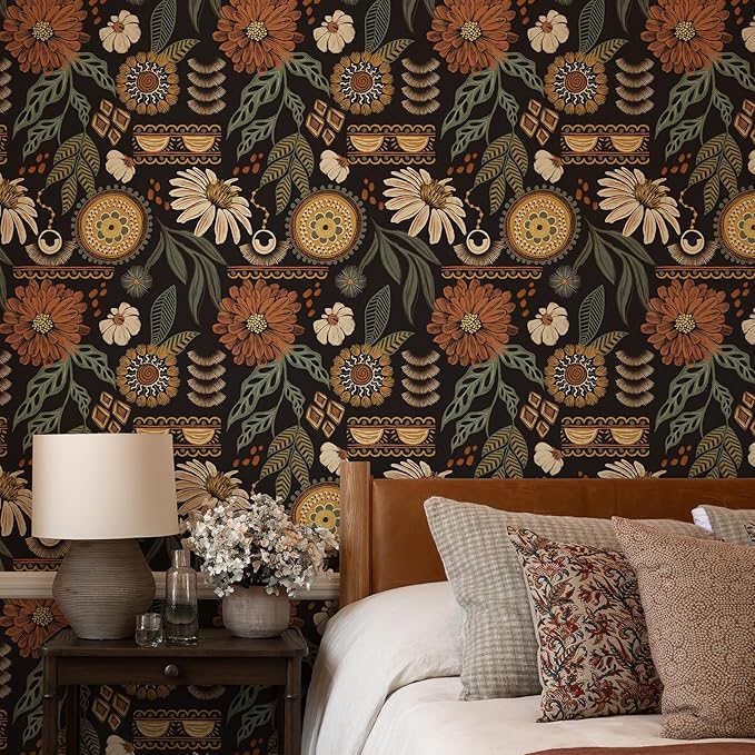 Simon&Siff Boho Peel and Stick Wallpaper, 17.3" x 800" Sun Floral Retro Contact by SimonSiff