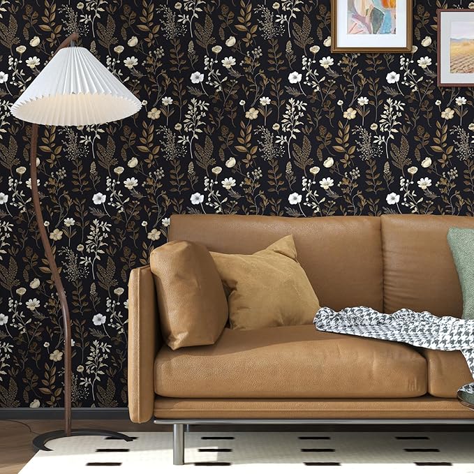 Dark Taupe Floral Peel and Stick Wallpaper, 17.5In x 197In Vintage Black Golden - Image 3