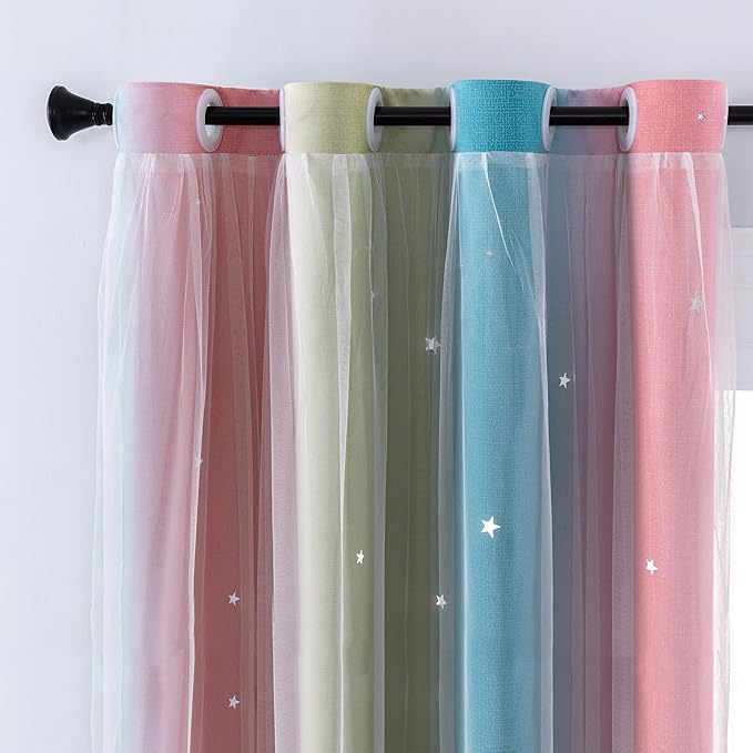 XiDi Curtains for Bedroom Decor, Rainbow Pink-Blue-34-45 - Image 2