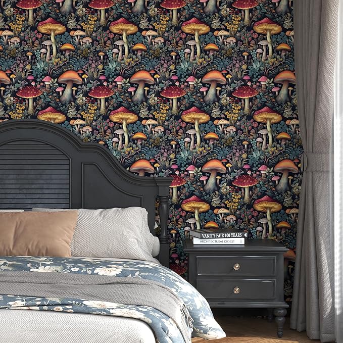 BOKEBEVE Black Colorful Mushroom Contact Paper Floral Wallpaper Peel and Stick - Image 2