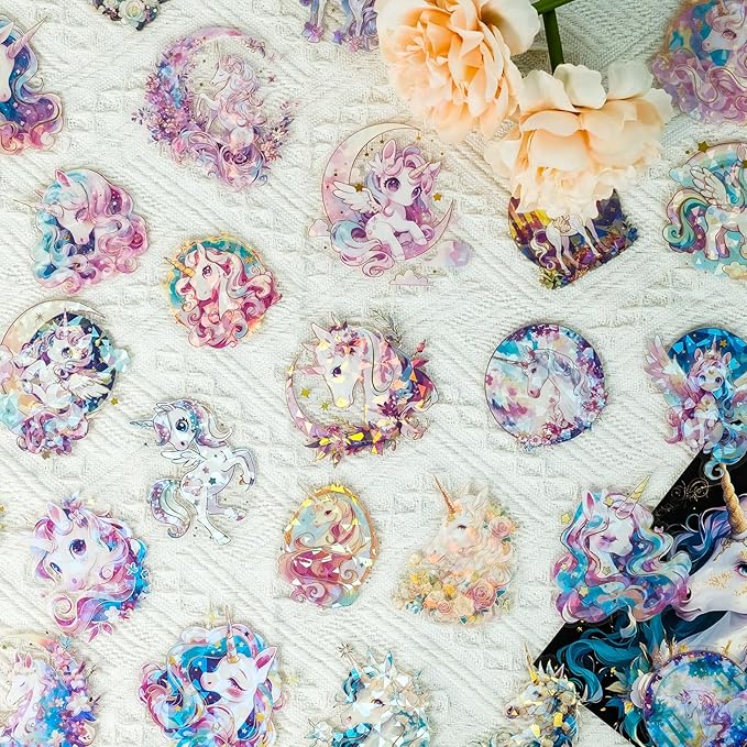 30-Piece Holographic Foil Unicorn Scrapbook Stickers - Transparent Waterproof Fantasy Colorful Unicorn Decals for Journaling, Resin Art Crafts, Gifts