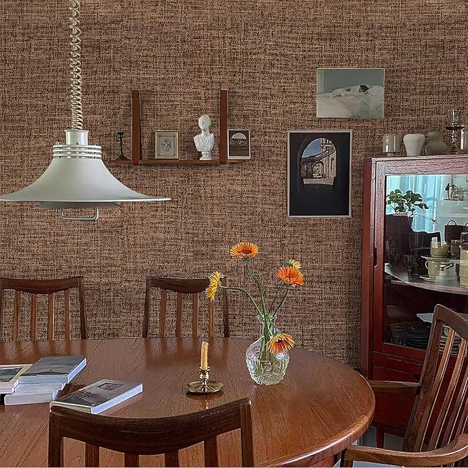 Brown Grasscloth Peel and Stick Wallpaper 17.3"x480" Faux Linen Textured - Image 3