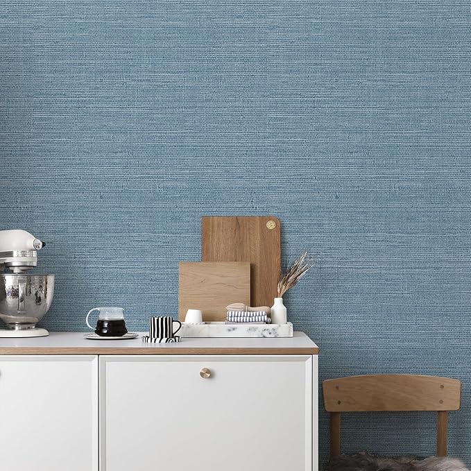 JiffDiff Grasscloth Wallpaper Peel and Stick Blue Grassweave Stick on Wallpaper - Image 2