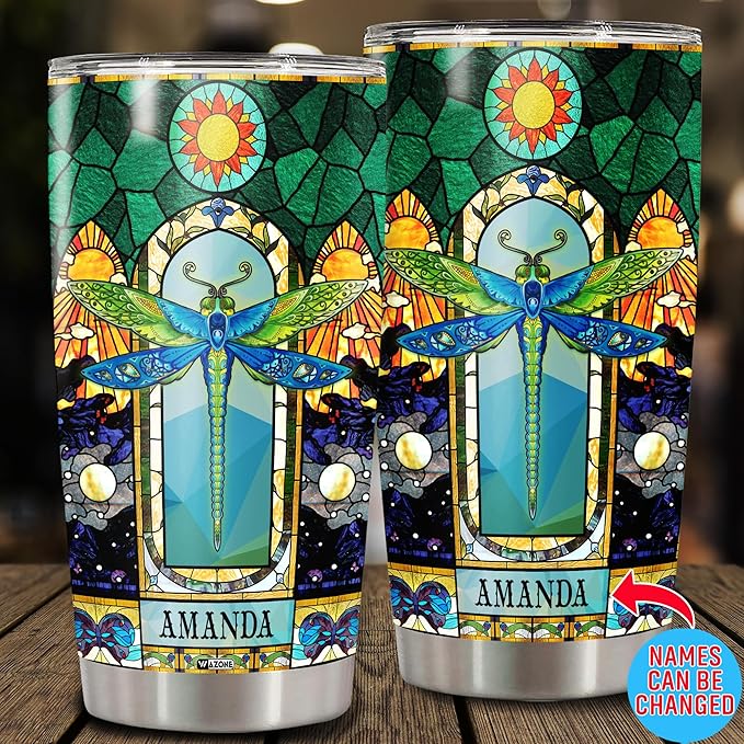 WAZONE Personalized Dragonfly Tumbler Custom Name Mosaic Style Decorative Travel Coffee Mug With Lid Insulated Cup 20oz 30oz Mothers Day Birthday Christmas Gifts For Women Men Girls