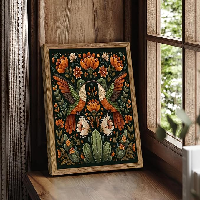 Framed Mexican Hummingbird Wall Art, Vintage Birds Animal Canvas Wall Decor - Image 2