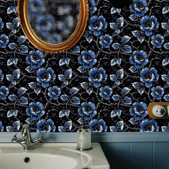 FLFK Black Floral Wallpaper Peel and Stick Dark Blue Flower Wallpaper 16" x - Image 5