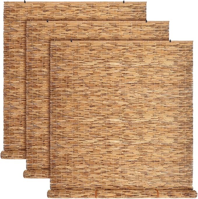 DoubleFill 3 Pcs Bamboo Shades Outdoor Reed Roll Up Blinds 48" W x 72" H by DoubleFill