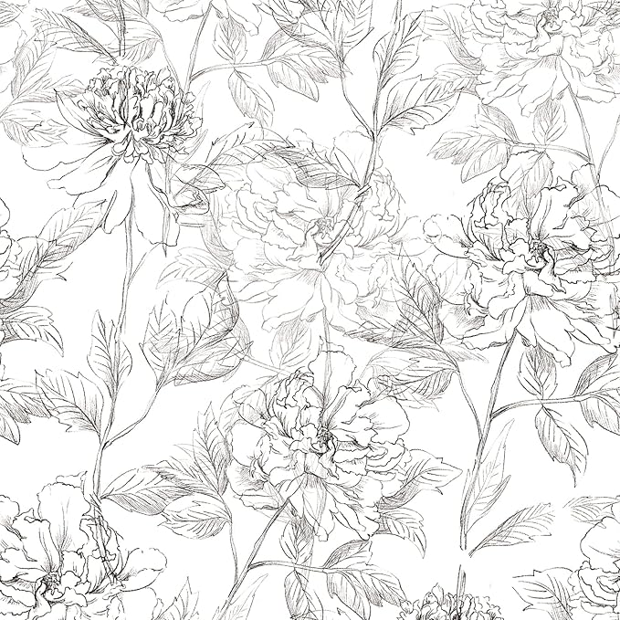 JiffDiff Floral Wallpaper Black & White Peel and Stick Vintage Peony Wall Paper by wallpaper