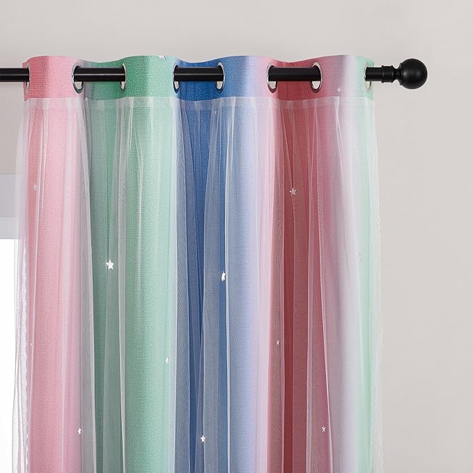 XiDi Curtains for Bedroom Decor, Rainbow Pink GreenBlue52/90/1 - Image 2