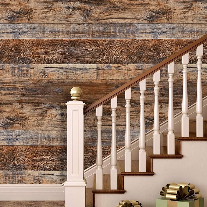 WENMER 17.71" x 1181" Brown Wood Wallpaper Peel and Stick Wallpaper Shiplap - Image 3