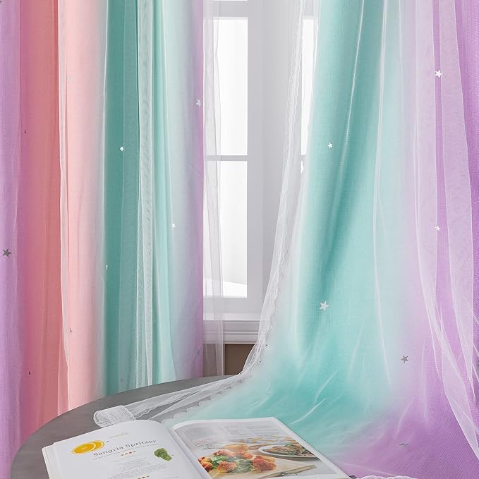 XiDi Curtains for Bedroom Decor, Rainbow PinkPuGreen-34-45 - Image 4
