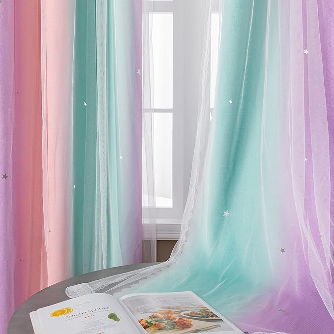 XiDi Curtains for Girls Bedroom Decor, Rainbow Blackout Curtains for - Image 4