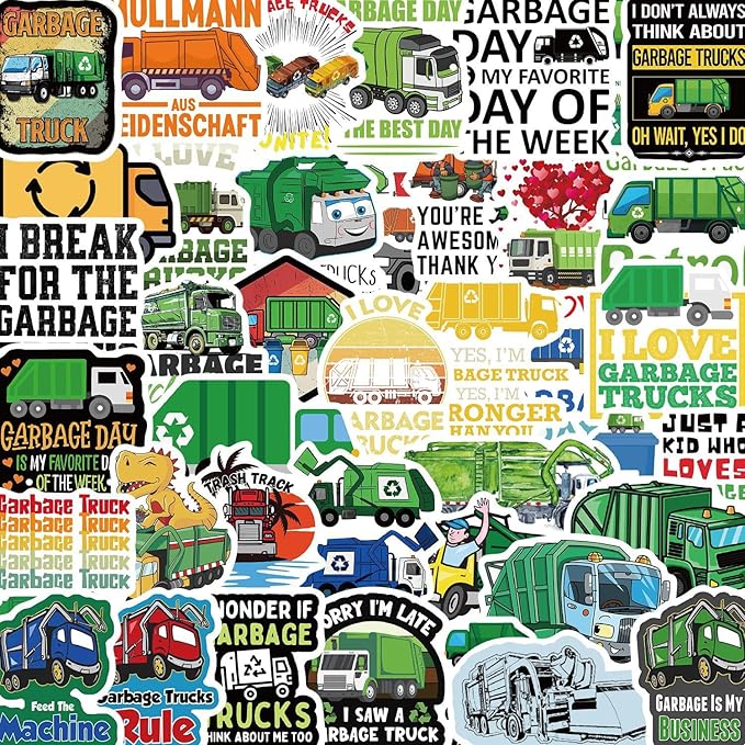 Garbage Truck Stickers 50Pcs Waterproof Cartoon Cute Trash Truck Stickers for Water Bottle Scrapbook Bumper Laptop Luggage Skateboard Cars Bike Guitar,Vinyl Funny Garbage Truck Sticker for Teens Boys