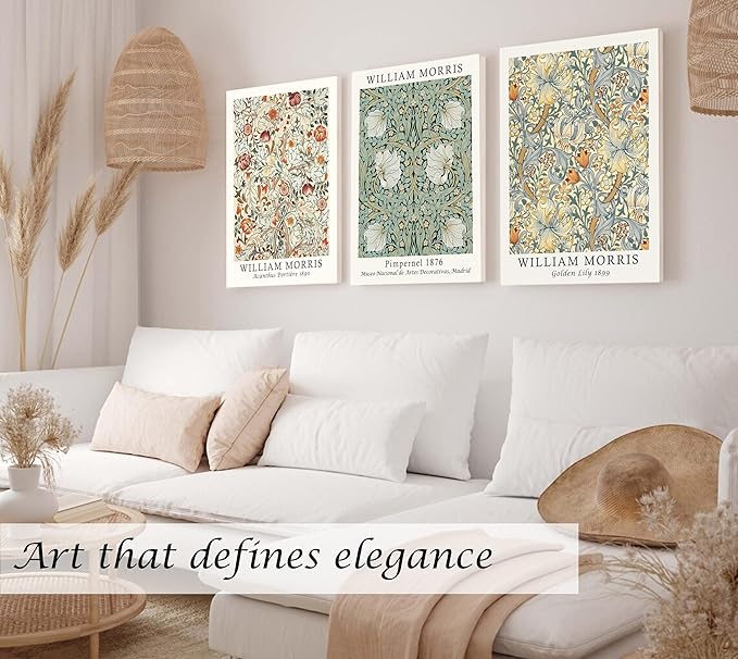 Induslyfe Large Framed Flower Wall Art Canvas Decor Set of 3, William Morris - Image 3
