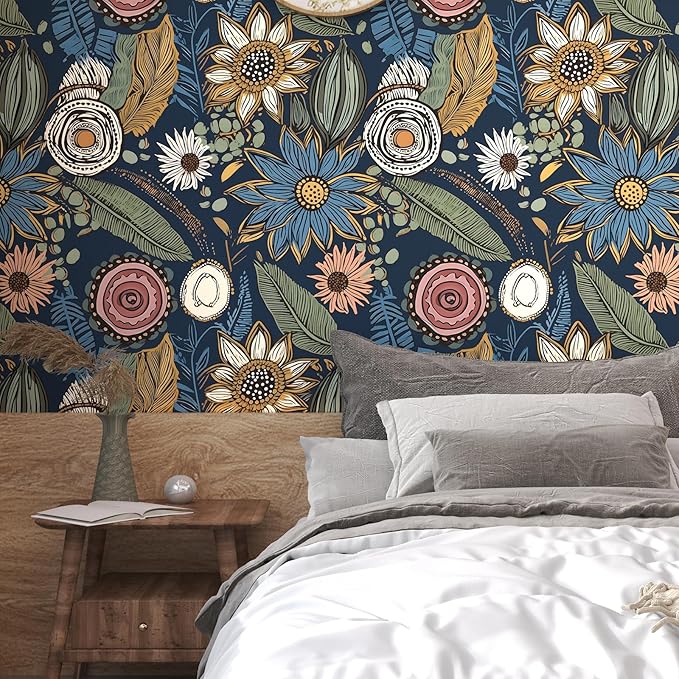 Boho Wallpaper Peel and Stick, Dark Vintage Floral Contact Paper, 17.5" x 197" - Image 6