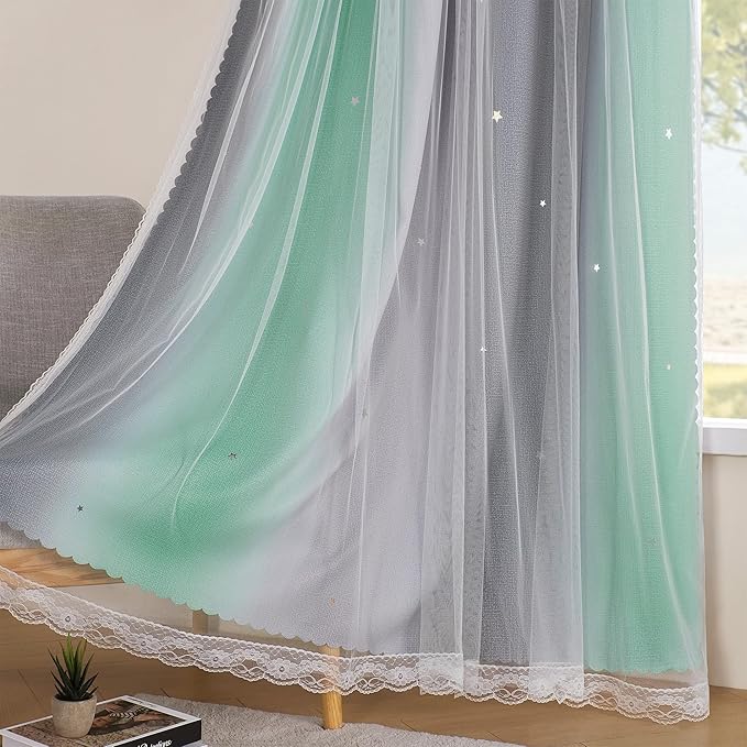 XiDi Curtains for Bedroom Decor, Rainbow Green LightgreyGrey52/45/1 - Image 4