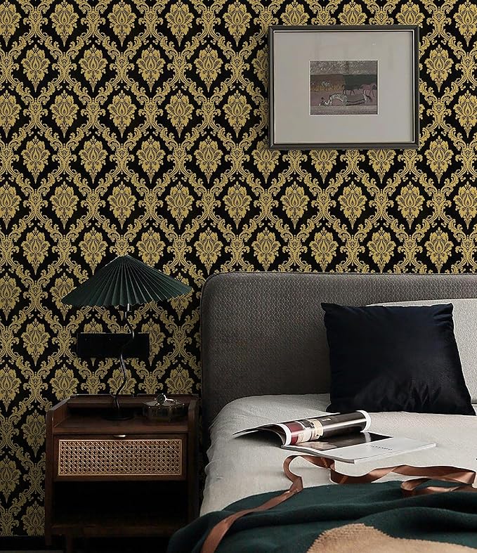 Peel and Stick Wallpaper Black and Yellow Damask Wallpaper - Image 2