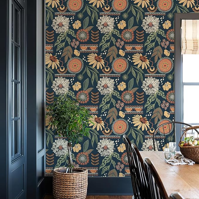 Simon&Siff Boho Peel and Stick Wallpaper, 17.3" x 800" Blue Sun Floral Retro - Image 3