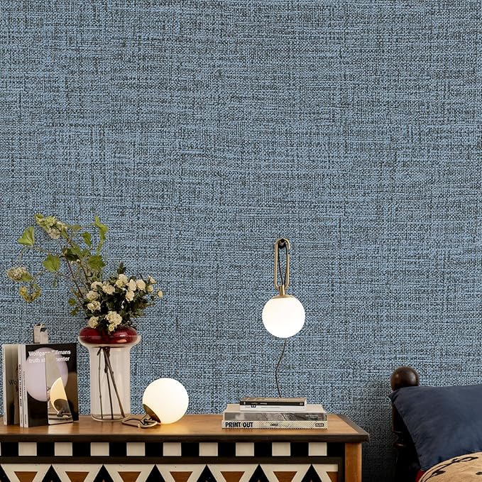 Blue Gray Grasscloth Peel and Stick Wallpaper 17.3"x480" Faux Linen Textured - Image 3