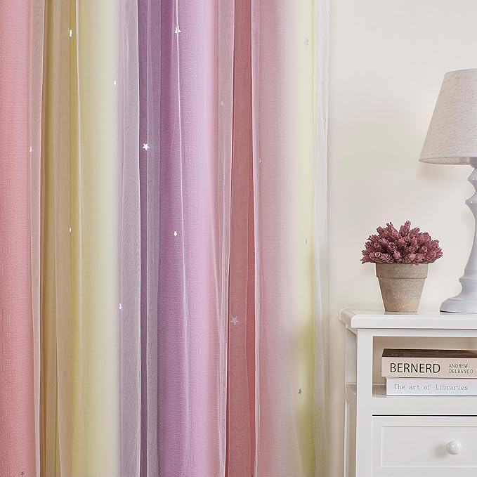 XiDi Curtains for Bedroom Decor, Rainbow Pink PurpleYellow52/90/1 - Image 3