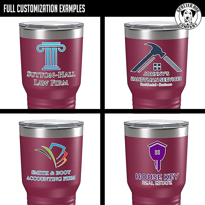 Personalized 30oz (17 Colors) Printed Insulated Stainless Steel Powder Coated Tumbler with Lid - Custom Bulk Promotional Items with your Logo - Bulk Company Small Business Party Favors (Maroon)