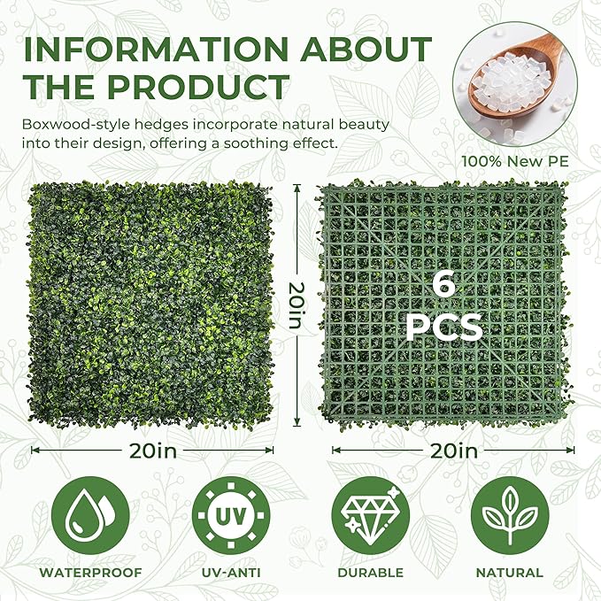 Artificial Grass Wall Panel Screen: 20"x20" 6P UV-Anti Faux Boxwood Panels - Image 2