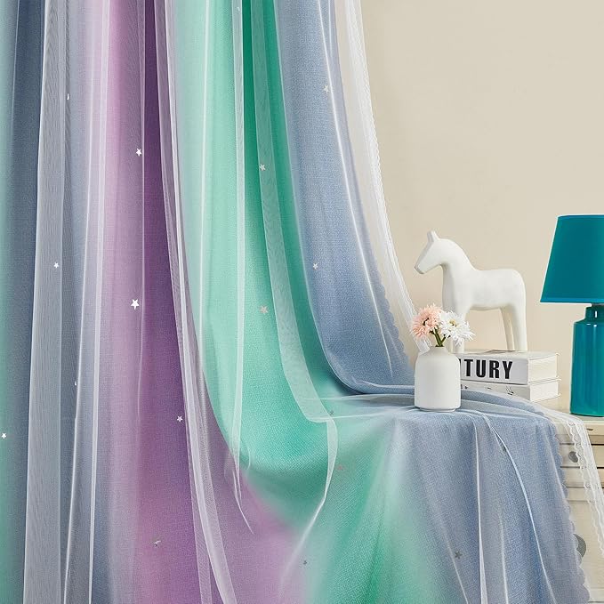 XiDi Curtains for Bedroom Decor, Rainbow Purplgreen grey34/96 - Image 4