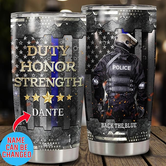 WAZONE Personalized Police Officer Stainless Steel Tumbler 20oz 30oz Custom Name Insulated Cup Travel Mug Policeman Gifts Things For Cops Law Enforcement Stuff For Officers