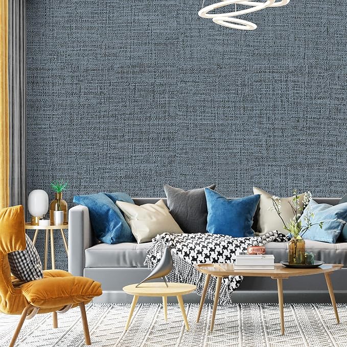 Blue Gray Grasscloth Peel and Stick Wallpaper 17.3"x160" Faux Linen Textured - Image 8