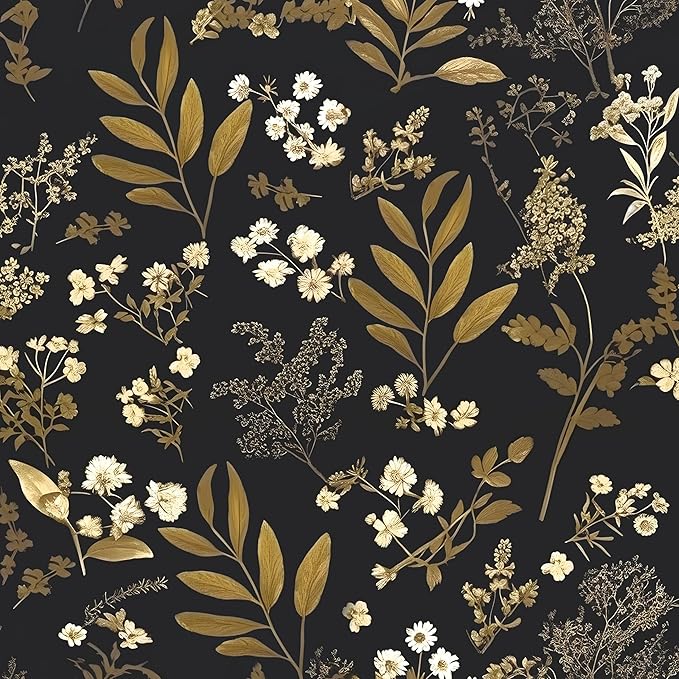 Laatse Black Gold Wallpaper Peel and Stick Dark Floral Wallpaper 17.5in x 118in by Laatse