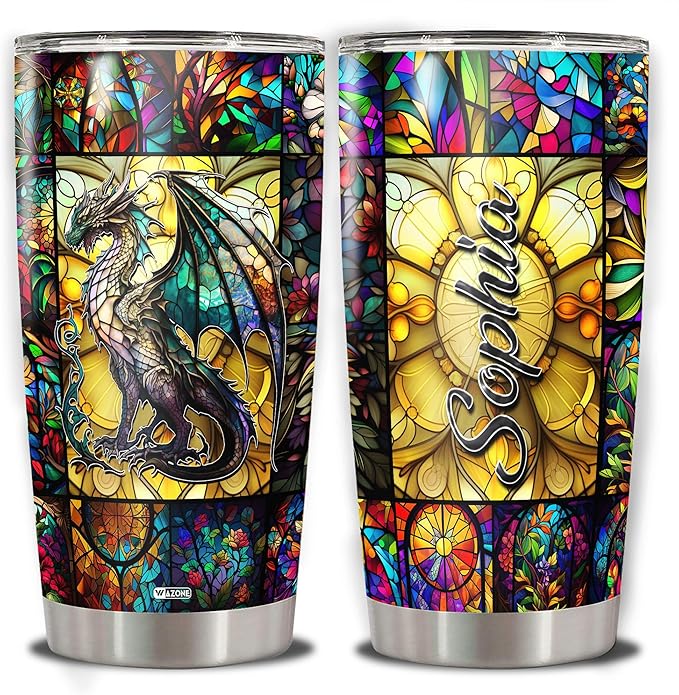 WAZONE Personalized Dragon Tumbler With Lid Customized Name Drawing 20oz 30oz Double Wall Vacuum Stainless Steel Insulated Cup Travel Mug Gift Birthday Christmas for Dragons Lovers Woman Man