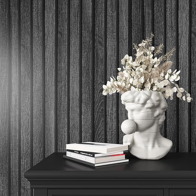 VEELIKE Charcoal Black Wood Slat Peel and Stick Wallpaper 24''x118'' Modern - Image 6